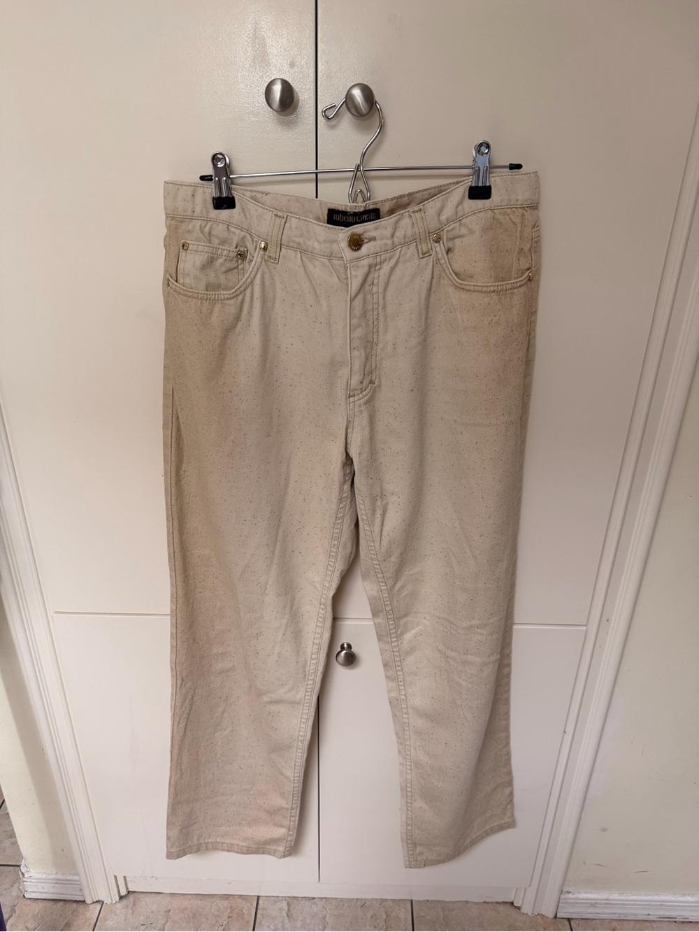 Roberto Cavalli Women Cream Straight Jeans with Speckle Detail